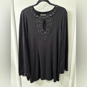 INC Black Long Top with Black Beaded Embellishments, Peek-hole, Long Sleeve